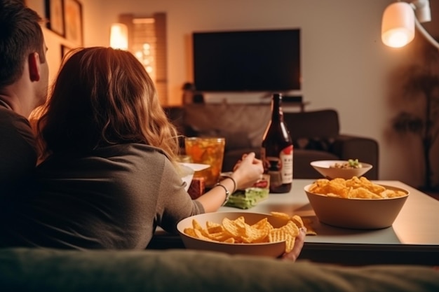Achtergrondbeeld van een echtpaar in de woonkamer dat een film op de tv kijkt terwijl ze weg te nemen eten eten