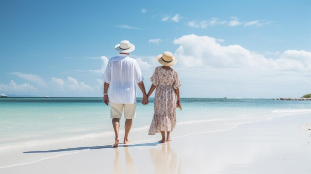 Achtergrondbeeld van een gelukkig gezin dat op een tropisch strand loopt met een blauwe achtergrond