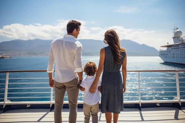 Achtergrondbeeld van een gezin op het dek van het cruiseschip tijdens hun reis