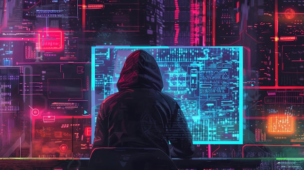 Foto achtergrondbeeld van een hacker die toegang krijgt tot een digitale interface met gloeiende blauwe code cybersecurity en hackingconcept voor ontwerp en druk