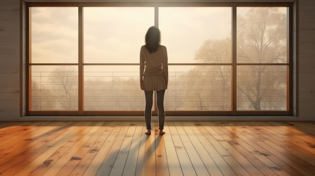 Achtergrondbeeld van een jonge actieve vrouw die voor een panoramisch raam staat dat is gemaakt met Generative Al-technologie