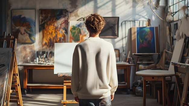Achtergrondbeeld van een jonge kunstenaar die in een kunststudio staat en op doek tekent