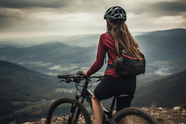 Achtergrondbeeld van een jonge vrouw die op een mountainbike in de bergen rijdt Een vrouwelijke fietser die op een fiets op de berg rijdt geen zichtbare gezichten natuurlijke achtergrond AI gegenereerd