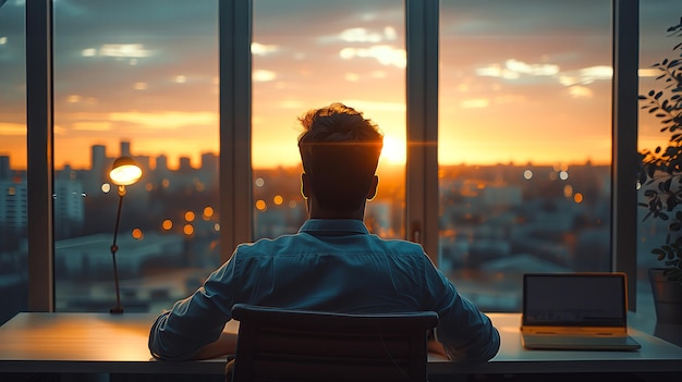 Achtergrondbeeld van een jonge zakenman die aan zijn bureau zit en naar de zonsondergang kijkt