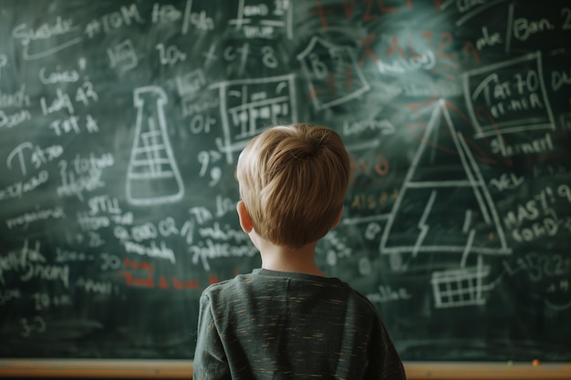 Achtergrondbeeld van een kind dat met krijt op een bord schrijft oplossing van een voorbeeld