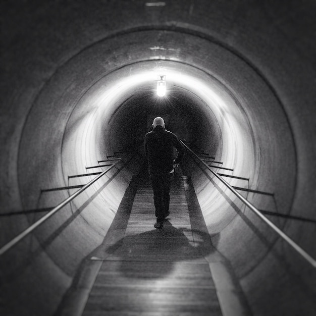 Achtergrondbeeld van een man die in een verlichte tunnel loopt
