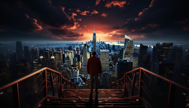 Achtergrondbeeld van een man die op de top van een metalen trap staat en naar het prachtige stadsbeeld bij zonsondergang kijkt