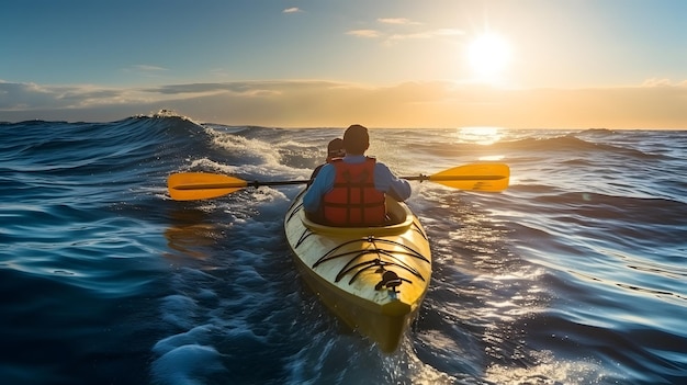 Achtergrondbeeld van een man die op een kajak op zee rijdt