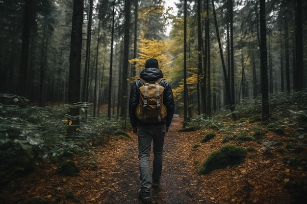 Achtergrondbeeld van een persoon met een rugzak die door een bos avontuur en wandelbeeld loopt