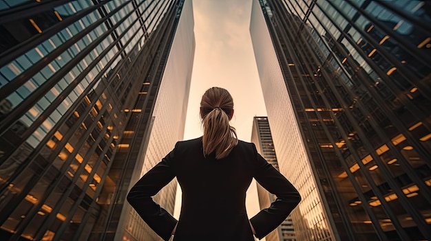 Achtergrondbeeld van een professionele succesvolle zakenvrouw op de top van een gebouw