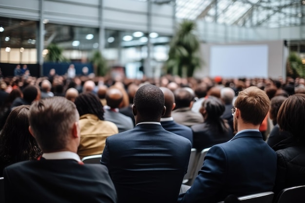 Achtergrondbeeld van een publiek in een conferentiezaal die naar een zakelijke spreker luistert