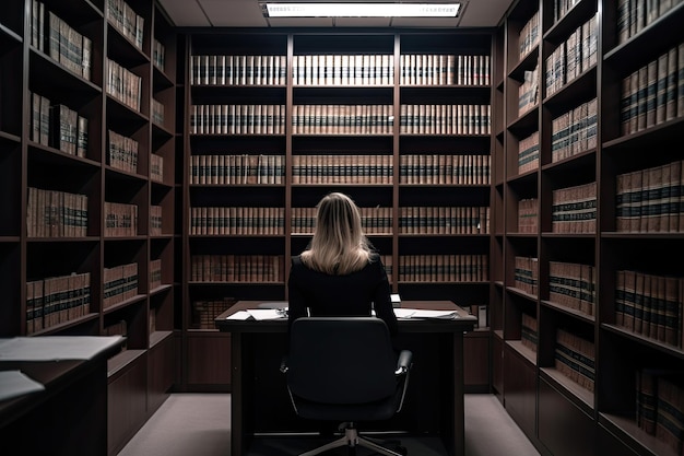 Achtergrondbeeld van een vrouw die aan de tafel in de bibliotheek zit Een vrouwelijke advocaat die zelfverzekerd zit ondergedompeld in juridisch werk