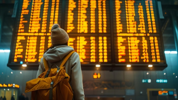 Achtergrondbeeld van een vrouw die in de terminal van de luchthaven staat en naar een groot vertrekbord kijkt