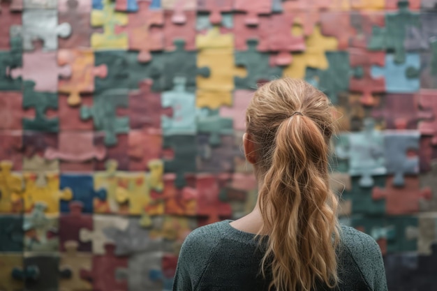 Achtergrondbeeld van een vrouw die kijkt naar een grote puzzel op de muur Generatieve AI