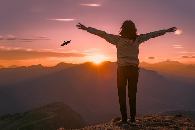 Foto achtergrondbeeld van een vrouw die tijdens de zonsondergang op een berg tegen de lucht staat