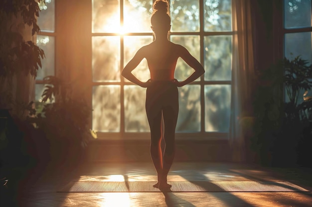 Achtergrondbeeld van een vrouw in een meditatieve yoga-houding die geniet van de rust van een zonnige kamer bij zonsopgang