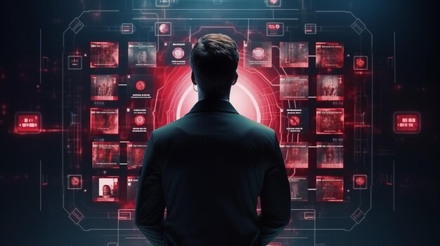 Achtergrondbeeld van een zakenman die naar een futuristische media-interface kijkt op de achtergrond van een donkere kamer