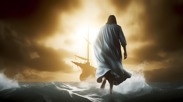 Achtergrondbeeld van Jezus Christus die tijdens een storm over het water loopt naar een boot Bijbels thema