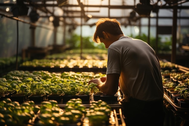 Achtergrondbeeld van jonge gelukkige man een tuinier groeit sla in een kas