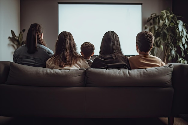 Achtergrondbeeld van jonge vrienden die een film kijken op tv in de woonkamer thuis Een achtergrondbeeld van een familie die samen zit en geniet van kwaliteitstijd gegenereerd door AI