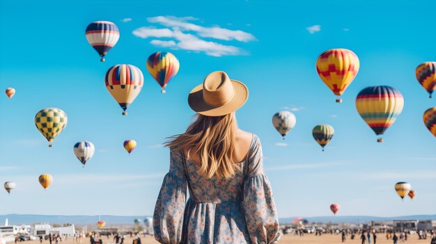 achtergrondbeeld van jonge vrouwen die naar een kleurrijke luchtballon in de lucht kijken