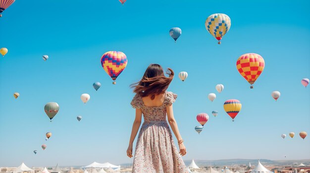 achtergrondbeeld van jonge vrouwen die naar een kleurrijke luchtballon in de lucht kijken