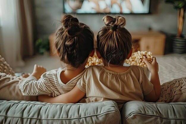 Achtergrondbeeld van jonge zussen met popcorn die op de bank zitten en tv kijken Generatieve AI