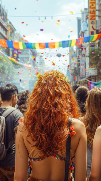 Foto achtergrondbeeld van mensen met lgbt en vlaggen parade op de straat feestelijke gelukkige dag ai gegenereerd