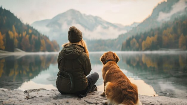 Achtergrondbeeld van onherkenbare vrouwelijke toerist die op de vloer zit en naar het meer kijkt met een schattige rustige hond