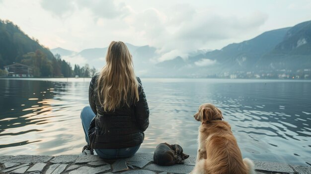 Achtergrondbeeld van onherkenbare vrouwelijke toerist die op de vloer zit en naar het meer kijkt met een schattige rustige hond