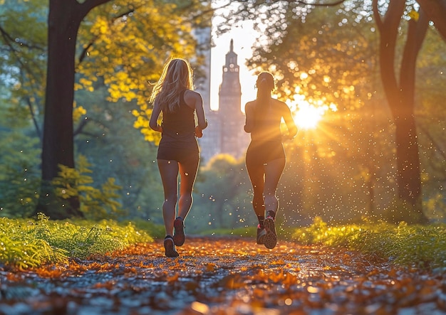 Achtergrondbeeld van twee jonge vrouwen die op een zonnige ochtend in het centrale park van een grote stad rennen