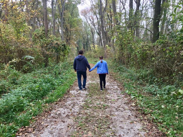 Foto achtergrondbeeld van vrienden die op een voetpad in het bos lopen