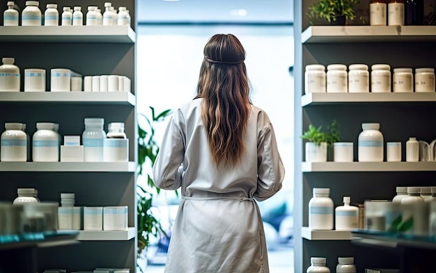 Achtergrondbeeld van vrouwelijke apothekerkassier in een witte jas in een apotheek