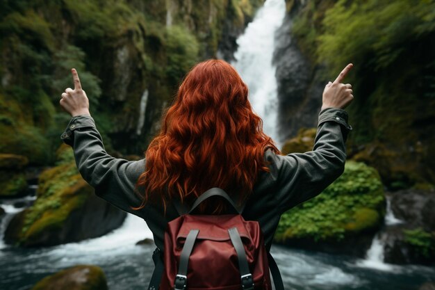 Foto achtergrondbeeld van vrouwelijke reiziger met rugzak die de route toont en een wegwijzigend gebaar in de natuur maakt