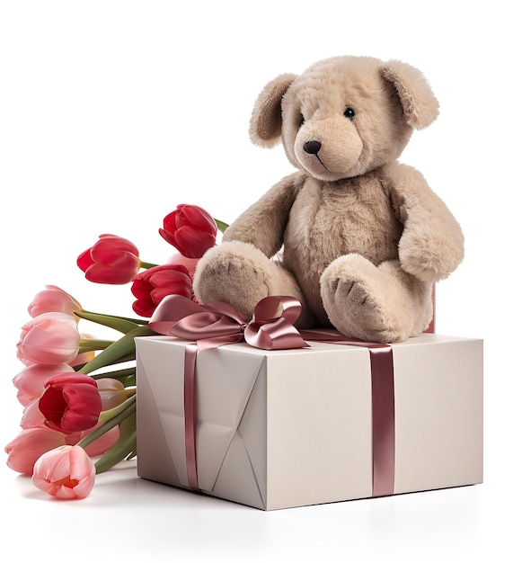 Achtergrondclose-updecoratie van pluche textielstuk speelgoed teddybeer en roze bloem