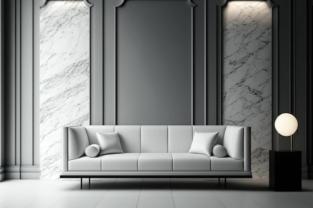 Achtergrondconcept een witte bank in een strakke moderne kamer met marmeren muren
