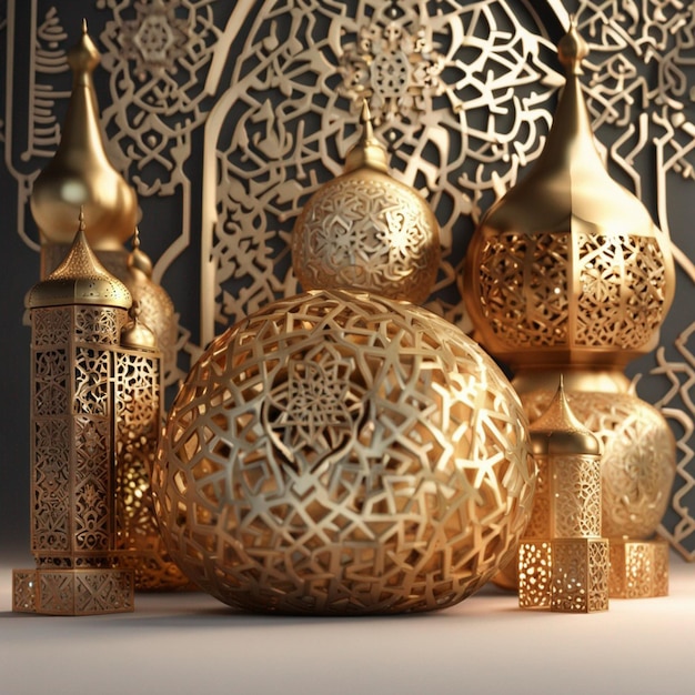 Achtergronden van gouden en kleurrijke islamitische moskeeën, koepel en vuurtorens Islamitische motieven