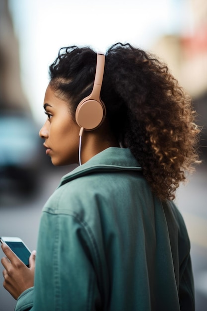 achtergrondfoto van een jonge vrouw die naar muziek luistert op haar mobiele telefoon gemaakt met generatieve AI