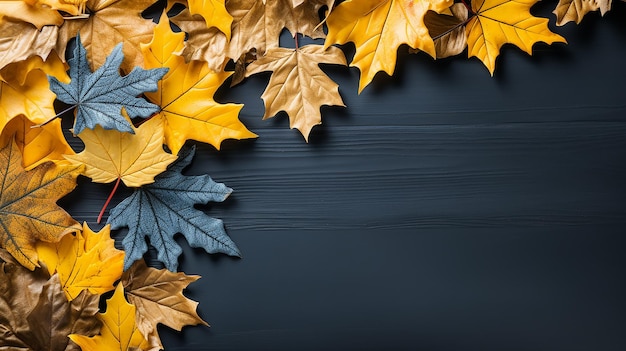 achtergrondframe schoolbord zwart omlijst met gele herfstbladeren.