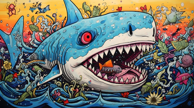 Achtergrondontwerp met illustratie van een haai, grote witte haai