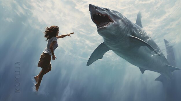 Foto achtergrondontwerp met illustratie van een haai, grote witte haai
