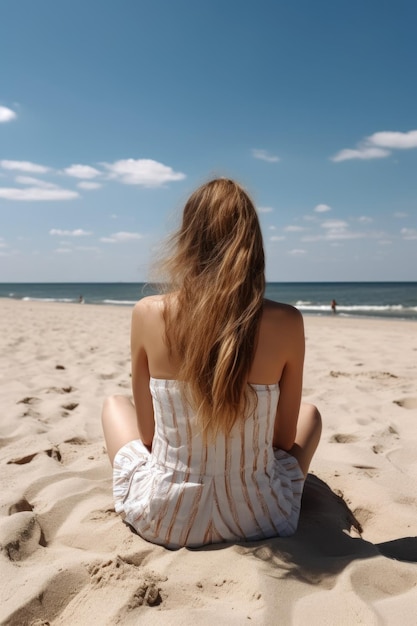 Achtergrondopname van een jonge vrouw die in het zand zit