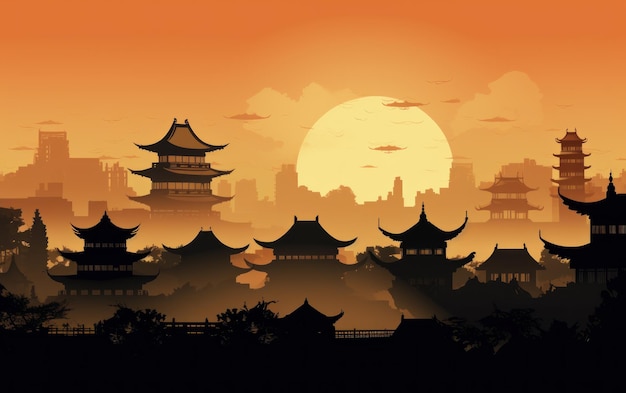 Achtergrondscène met traditioneel Chinees gebouwensilhouet bij zonsondergang