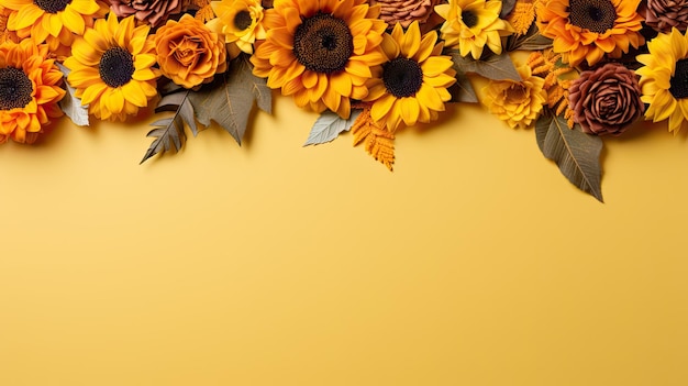 Achtergrondsjabloon met zonnebloem 3d illustratie op geel
