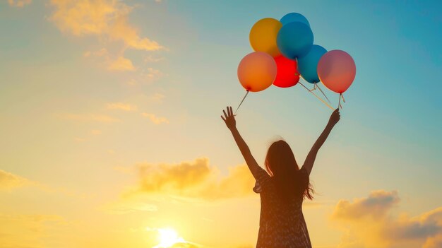 Achterkant silhouet uitzicht van een gelukkige jonge vrouw die ballonnen vrijlaat in de lucht bij zonsondergang veld