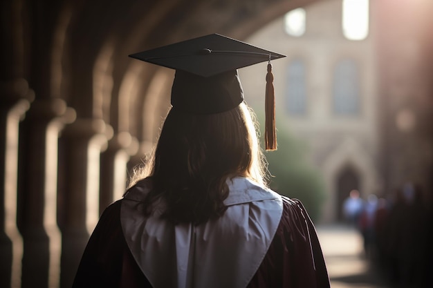 Achterkant van de afgestudeerde gaat naar de afstudeerceremonie van de universiteit Het concept van een succesvol middelbaar onderwijs Een felicitatiegraad AI-generatie