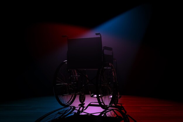 Foto achterkant van een lege rolstoel in spotlight lights 3d rendering