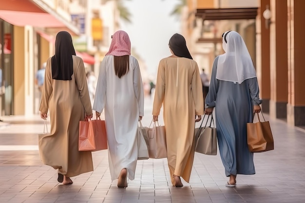 Achterkant van groep moslimvrouw die samen in Dubai winkelt Generatieve AI