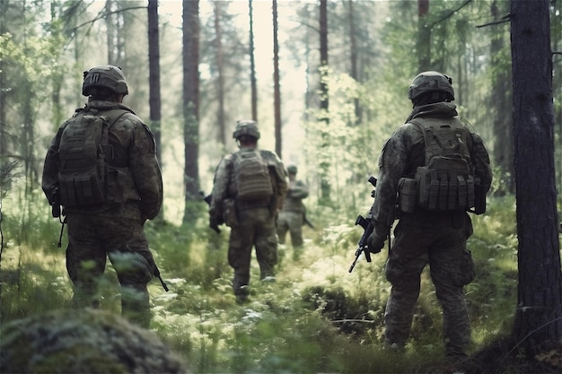 Achterkant van groepssoldaten in diep bos Special forces oorlogsoperatie Generatieve AI