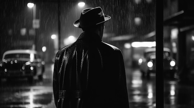 Achterkant van mannelijke detective spion in hoed en jas op straat 's nachts in de regen in noir-stijl generatieve ai